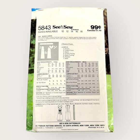 Vintage Butterick Sewing Pattern 5843 Misses Jumper Size 12 - Picture 2 of 2